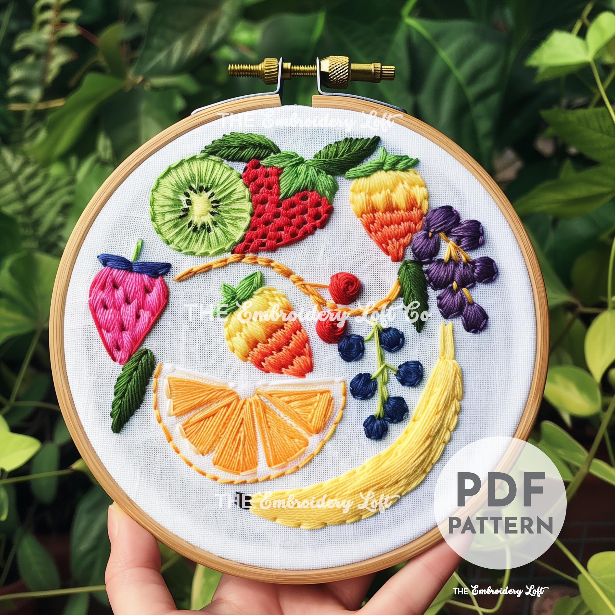 Fruit Bunch Hand Embroidery Pattern, Citrus Embroidery, Strawberries, Oranges, Lemon, Banana, Fruit Embroidery, Hand Embroidery Pattern PDF