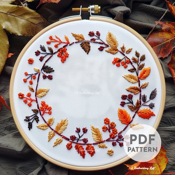 Autumn Wreath Hand Embroidery Pattern, Fall Wreath, Autumn Flowers, Autumn Embroidery Pattern, Autumn Foliage, Hand Embroidery, Beginner