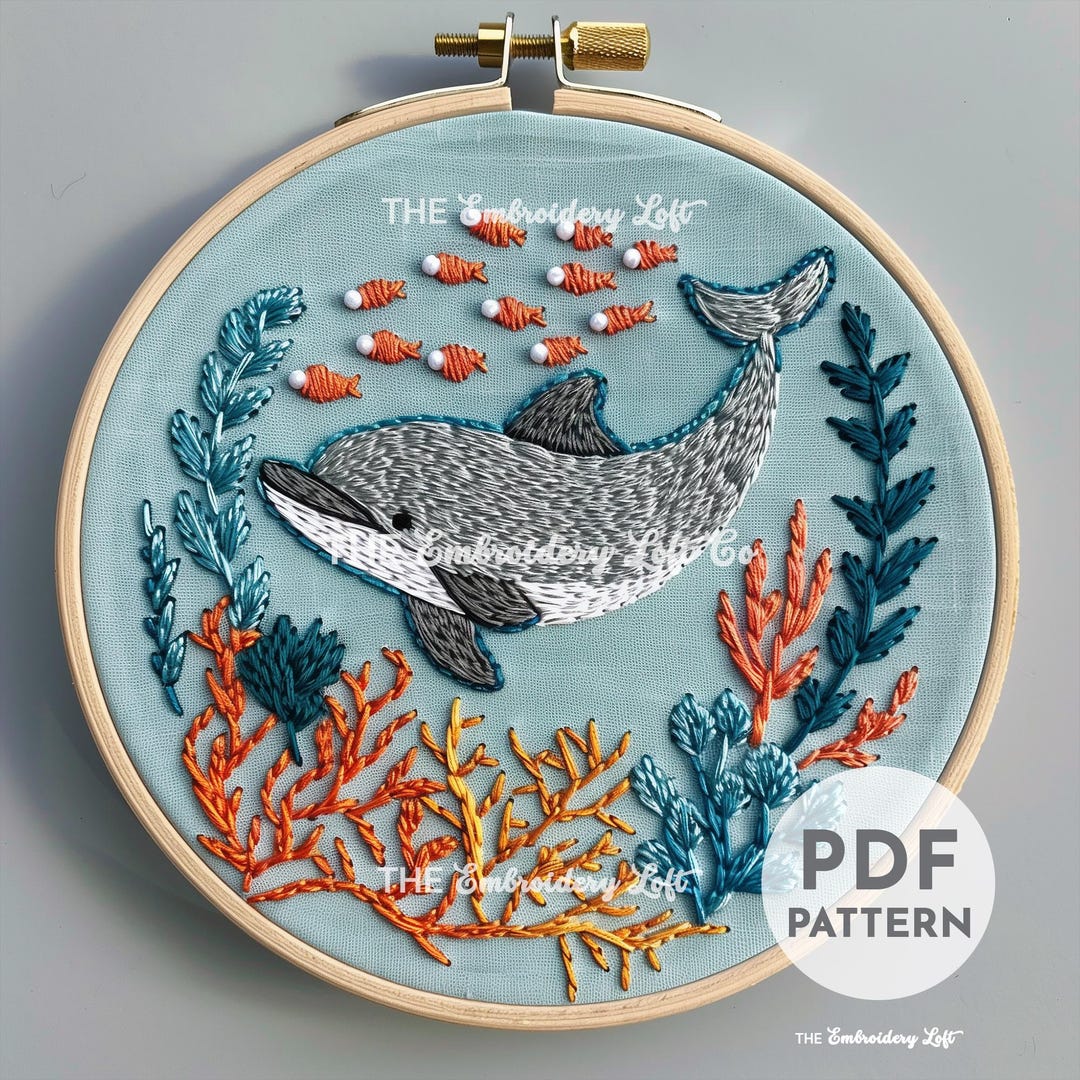 イルカの手刺繍パターン、イルカのパターン、海のパターン、手刺繍