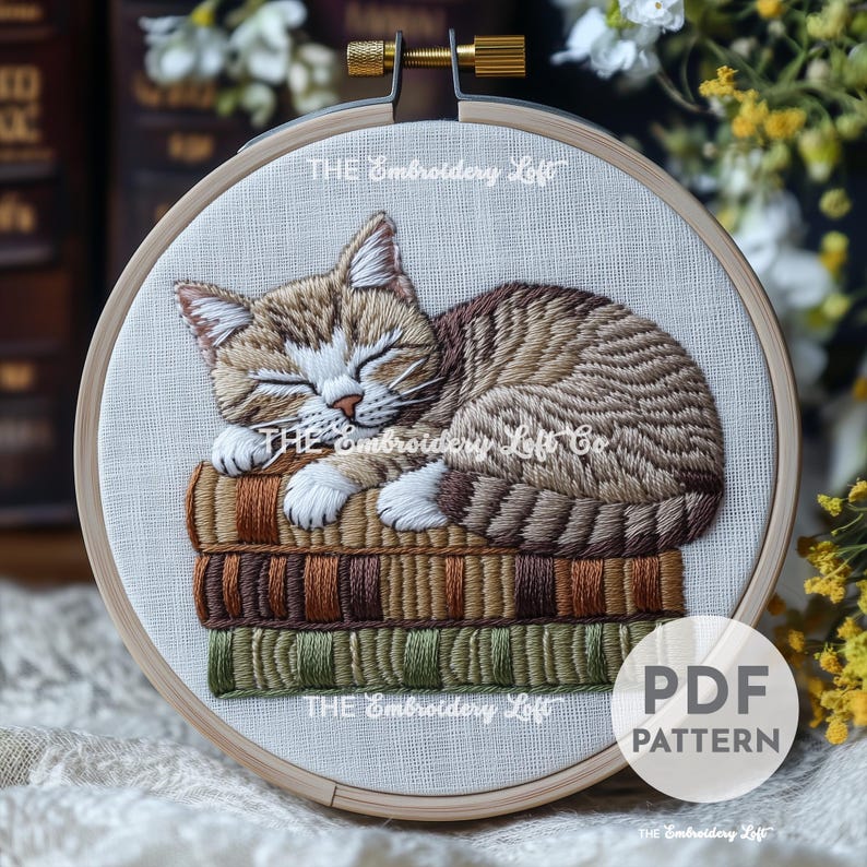 Tabby Pattern Circular Sleeping Tabby Hand Embroidery Pattern, Tabby Cat Design, Cat ...