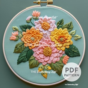 Motif de broderie main fleurs dahlias, motif dahlias, broderie dahlias, motif dahlias, broderie florale, motif de broderie à la main, bricolage