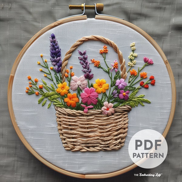 Flower Basket Hand Embroidery Pattern, Basket of Blossoms, Floral Basket, Wildflowers, Hand Embroidery, Hand Embroidery PDF, Beginner, DIY