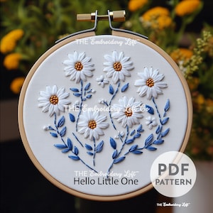 Hello Little One Hand Embroidery Pattern, Blue Flowers Embroidery Pattern, Nursery Embroidery Pattern, Hand Embroidery Pattern PDF, Beginner