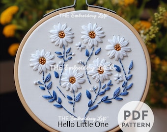 Hello Little One Hand Embroidery Pattern, Blue Flowers Embroidery Pattern, Nursery Embroidery Pattern, Hand Embroidery Pattern PDF, Beginner