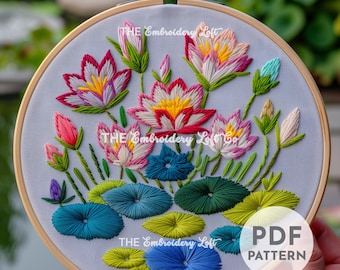 カラフルな睡蓮の手刺繍パターン、睡蓮の葉のパターン、睡蓮の刺繍