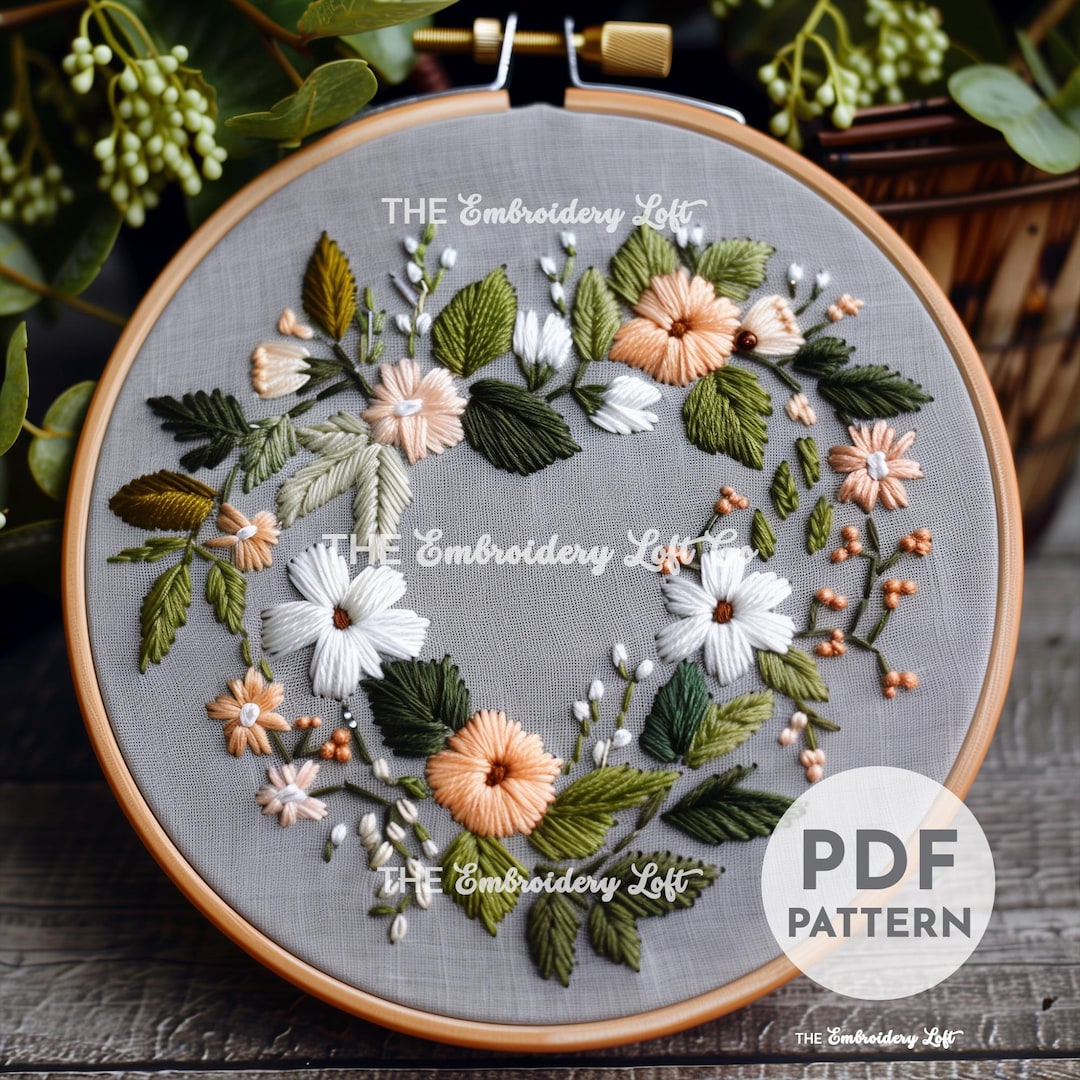 Forest Floral Heart Wreath Hand Embroidery Pattern, Heart Wreath ...