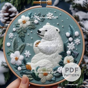 Polar Bear Hand Embroidery Pattern, Polar Bear Pattern, Winter Bear Pattern, White Bear Pattern, Hand Embroidery PDF, Woodland Embroidery