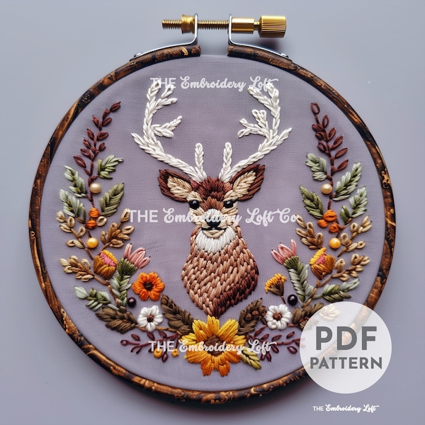 Patrón de bordado a mano de ciervo del bosque, patrón de ciervo, patrón de ciervo floral, patrón de bordado a mano en PDF, bordado de bosque, bricolaje