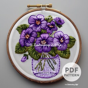Vase of Violets Hand Embroidery Pattern, Purple Pansies Pattern, Violet Flowers, February Birth Flowers, Hand Embroidery PDF, Beginner, DIY