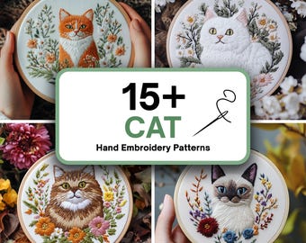 Puede incluir: Cuatro aros de bordado con diferentes diseños de gatos. Cada aro presenta un gato rodeado de flores. El texto "15+ CAT Hand Embroidery Patterns" se muestra en el centro de la imagen.