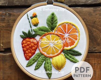 Fruit Bunch Hand Embroidery Pattern, Citrus Embroidery, Strawberries, Oranges, Lemon, Fruit Embroidery, Hand Embroidery Pattern PDF, DIY