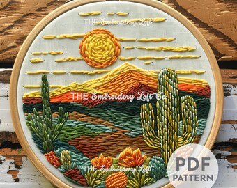 Modello di ricamo a mano con paesaggio desertico, modello di ricamo del deserto, ricamo boho, modello estivo, modello di ricamo a mano in PDF, fai da te