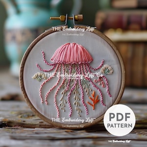 Pink Jellyfish Hand Embroidery Pattern, Jellyfish Embroidery Design, Ocean Pattern, Hand Embroidery Pattern PDF, Ocean Wildlife Embroidery