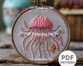 Pink Jellyfish Hand Embroidery Pattern, Jellyfish Embroidery Design, Ocean Pattern, Hand Embroidery Pattern PDF, Ocean Wildlife Embroidery