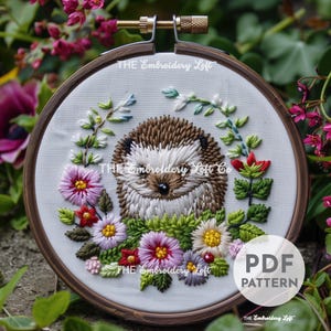 Floral Hedgehog Hand Embroidery Pattern, Cute Hedgehog Pattern, Baby Hedgehog, Hedgehog Pet, Hand Embroidery Pattern PDF, Hedgehog Design