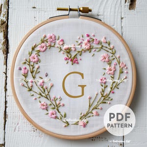 Buchstabe G Valentinstag Stickerei, personalisierte Anfangsstickerei Verzierung, Monogramm Stickerei Geschenk, Handstickerei Muster PDF, Anfänger