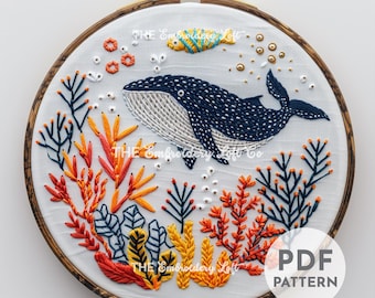 Whale Hand Embroidery Pattern, Decor for Beach Home, Whale Pattern, Ocean Pattern, Hand Embroidery Pattern PDF, Ocean Wildlife Embroidery