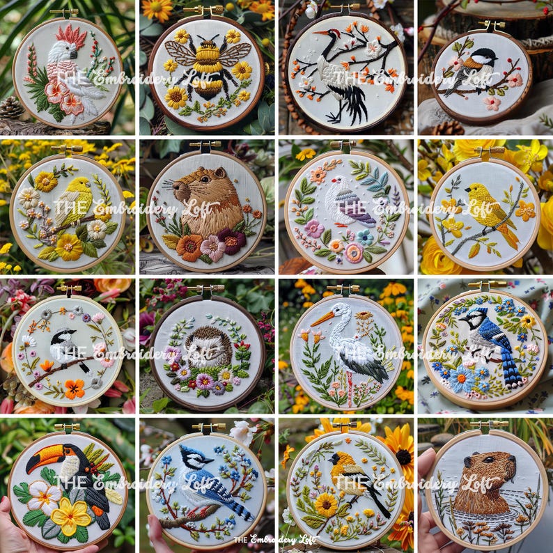 May include: A collection of 12 embroidery hoop art pieces featuring various animals and floral designs. The hoops are all wooden with a natural finish and have a white fabric background. The designs include a toucan, a bee, a crane, a chickadee, a capybara, a bird, a hedgehog, a stork, a blue jay, a bluebird, a yellow bird, and a capybara.