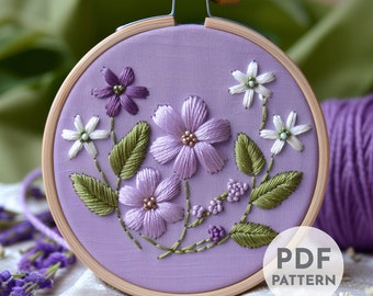 Purple and White Flowers Hand Embroidery Pattern, Purple Flowers Pattern, Floral Pattern, Hand Embroidery, Hand Embroidery PDF, Beginner