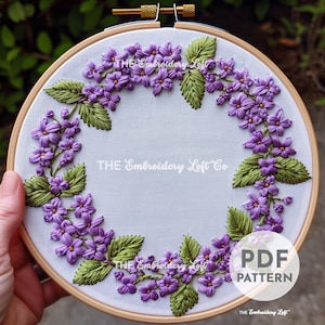 Lilac Wreath Hand Embroidery Pattern, Purple Lilac Flowers Design, Purple Flower Pattern, Floral Wreath Pattern, Hand Embroidery Pattern PDF
