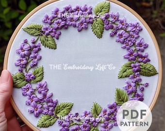 ライラックリースの手刺繍パターン、紫色のライラックの花のデザイン