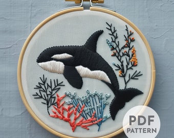 Orca Hand Embroidery Pattern, Orca Pattern, Ocean Pattern, Hand Embroidery, Hand Embroidery PDF, Ocean Wildlife Embroidery