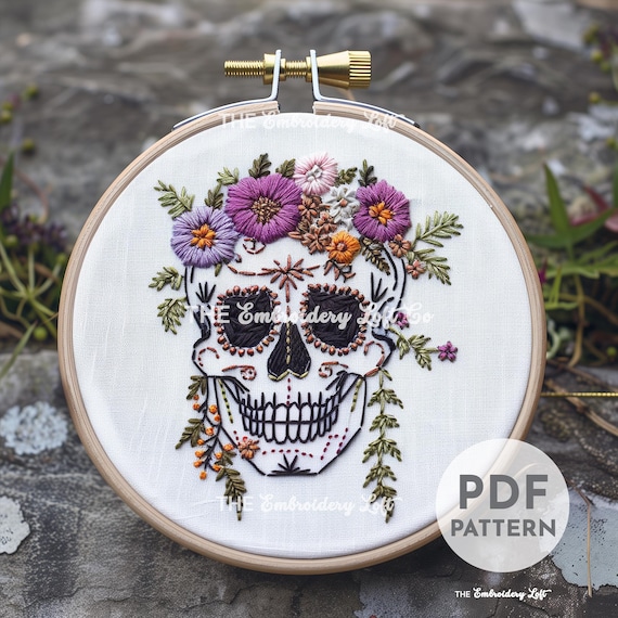 Floral Skull Hand Embroidery Pattern, Halloween Embroidery Pattern