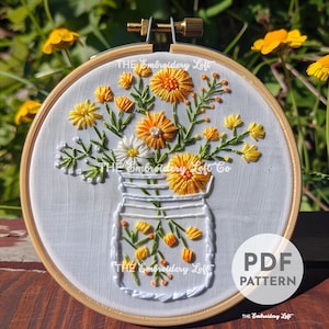 Jar of Flowers Hand Embroidery Pattern, Yellow Flowers Pattern, Marigold Flowers Design, Birth Flower, Hand Embroidery Pattern PDF, Beginner