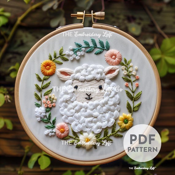 額絵 （手作り刺繍）羊の親子 かわいい羊の手刺繍パターン、保育園の刺繍、羊のパターン、子羊の