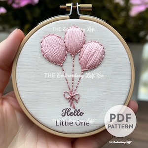 Hello Little One Hand Embroidery Pattern, Pink Balloons Embroidery Pattern, Nursery Embroidery Pattern, Hand Embroidery Pattern PDF, Easy