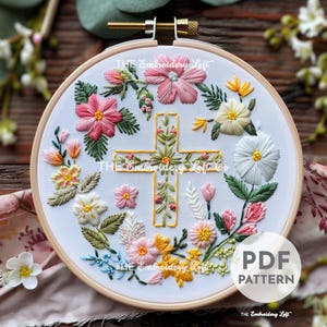 Floral Cross Embroidery Pattern, Religious Cross, Christian Embroidery, Easter Embroidery Pattern, Hand Embroidery Pattern PDF