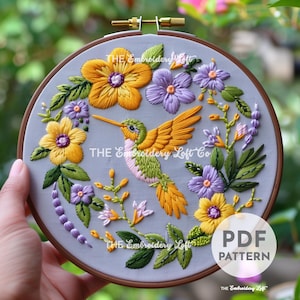 Green and Yellow Hummingbird Hand Embroidery Pattern, Gift for Bird Lovers, Hummingbird Pattern, Tropical Bird Design, Embroidery Pattern