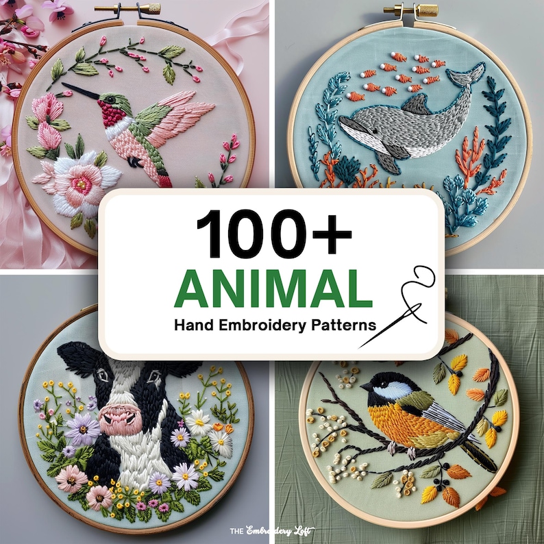 May include: A collection of 100+ animal hand embroidery patterns. The image shows four examples of completed embroidery hoops with a hummingbird, a dolphin, a cow, and a bird.