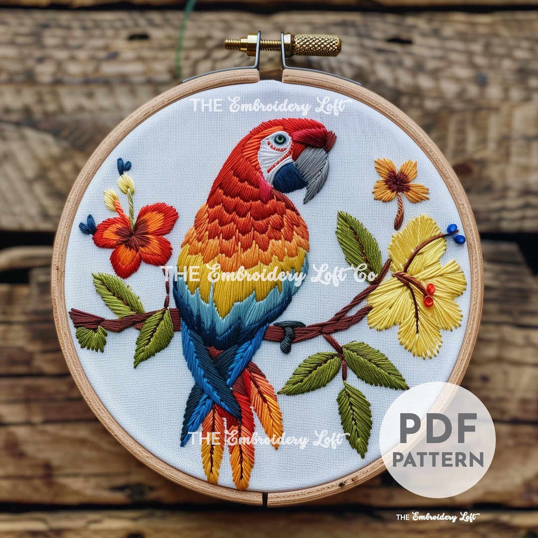 オウムの手刺繍パターン、鳥好きの方へのギフト、トロピカルなオウムの
