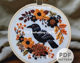 Autumn Raven Hand Embroidery Pattern, Raven Pattern, Autumn Bird Pattern, Hand Embroidery Pattern PDF, Wildlife Embroidery, Crow Embroidery