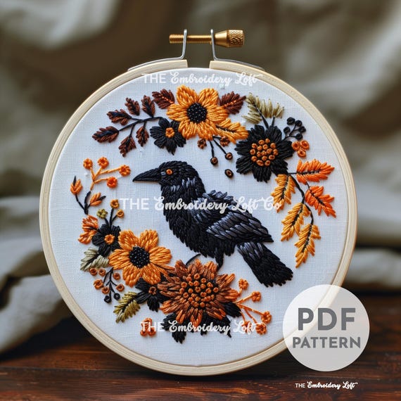 Raven Hand-Embroidered Brooch Pin Raven Hand-Embroidered Brooch Pin