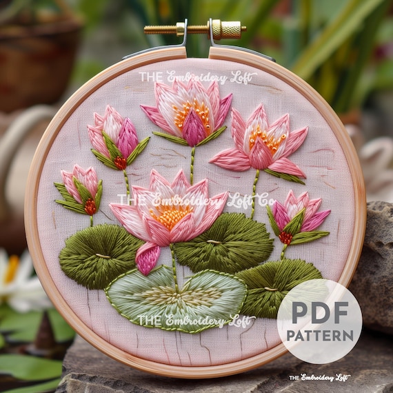 睡蓮の手刺繍パターン、睡蓮の葉のパターン、睡蓮の刺繍、ピンク