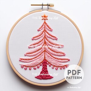 Pink Christmas Tree Hand Embroidery Pattern, Beginner Embroidery, DIY Winter Crafts, Hand Embroidery Pattern PDF, Pink Christmas Decor