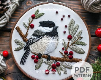 Christmas Chickadee Hand Embroidery Pattern, Gift for Bird Lovers, Christmas Embroidery Pattern, Chickadee Embroidery, Hand Embroidery PDF