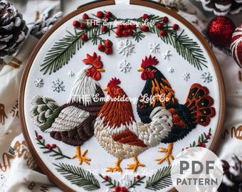 Three French Hens Hand Embroidery Pattern, Twelve Days of Christmas, Christmas Embroidery Pattern, Hand Embroidery Pattern PDF
