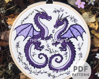 Twin Dragons Hand Embroidery Pattern, Dragon Embroidery Pattern, Mythical Embroidery, Gift for Book Lover, Hand Embroidery Pattern PDF