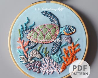Sea Turtle Hand Embroidery Pattern, Gift for Turtle Lovers, Turtle Pattern, Hand Embroidery Pattern PDF, Ocean Wildlife Embroidery