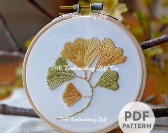 Ginkgo Blätter Handstickerei Muster, Ginkgo Biloba Blatt Muster, Ginkgobaum Muster, Japanisches Ginkgo Design, Handstickerei Muster PDF