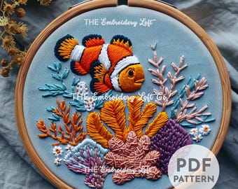 Clown Fish Hand Embroidery Pattern, Fish Pattern, Ocean Pattern, Hand Embroidery Pattern PDF, Ocean Wildlife Embroidery, Beginner Embroidery