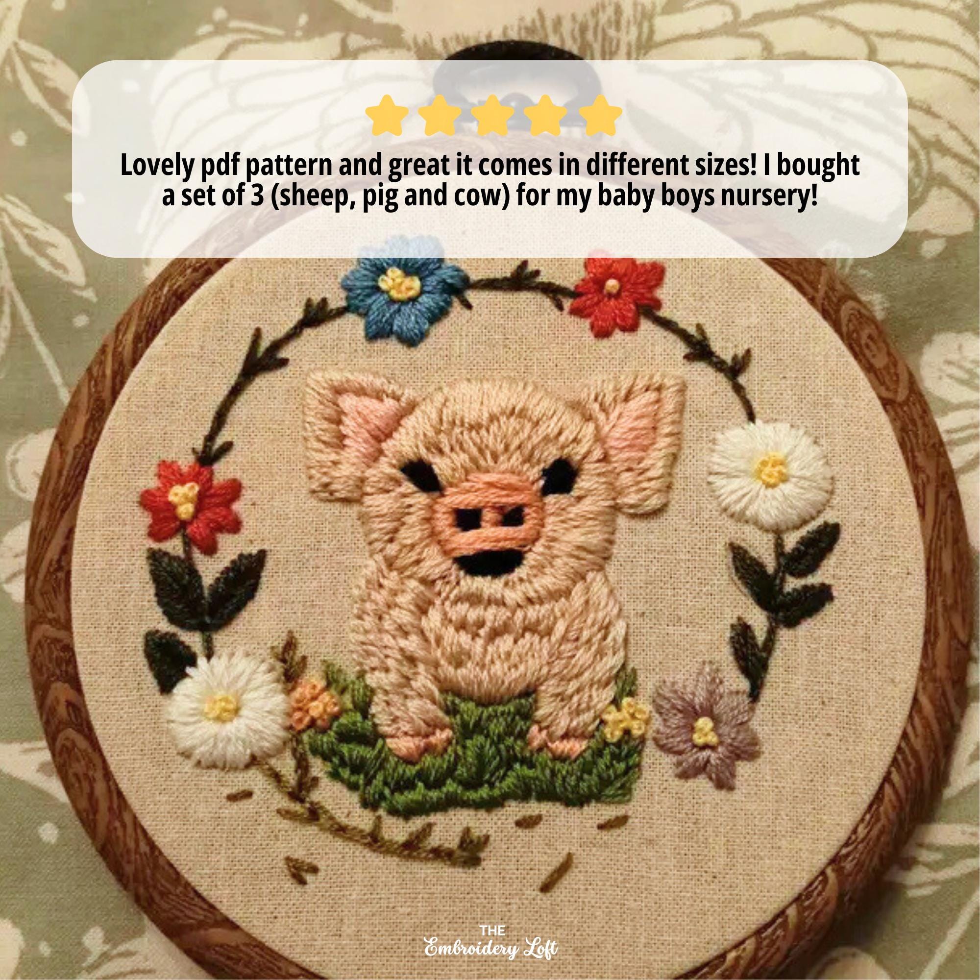 子豚の手刺繍パターン、花柄の豚のパターン、かわいい豚、農場生活の 