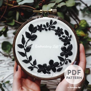 Black Floral Wreath Hand Embroidery Pattern, Black Flower Design, Flower Pattern, Floral Wreath Pattern, Hand Embroidery Pattern PDF