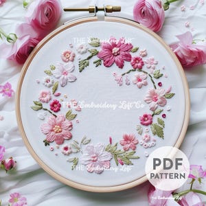 Pink Floral Wreath Hand Embroidery Pattern, Pink Flower Design, Pink Flower Pattern, Floral Wreath Pattern, Hand Embroidery Pattern PDF