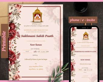 May include: A digital and printable invitation design with a floral border and gold accents. The invitation includes text for a Sukhmani Sahib Paath ceremony, with date, time, and location details. A smartphone displays the e-invite.