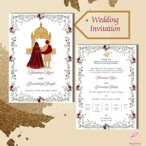Sikh-huwelijksuitnodiging, luxe trouwkaart, Anand Karaj-illustratie, Punjabi-huwelijksuitnodiging, digitale download, evite
