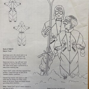 May include: Line drawing of a vintage snowsuit pattern. The pattern features illustrations of a one-piece snowsuit with a hood, and two figures wearing snowsuits and goggles, holding skis. Text includes "Snow Cool" and "Pitter Patterns".